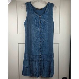 Vintage 90s Raya Sun Blue Embroidered Button Front Midi Dress Womens Size Medium